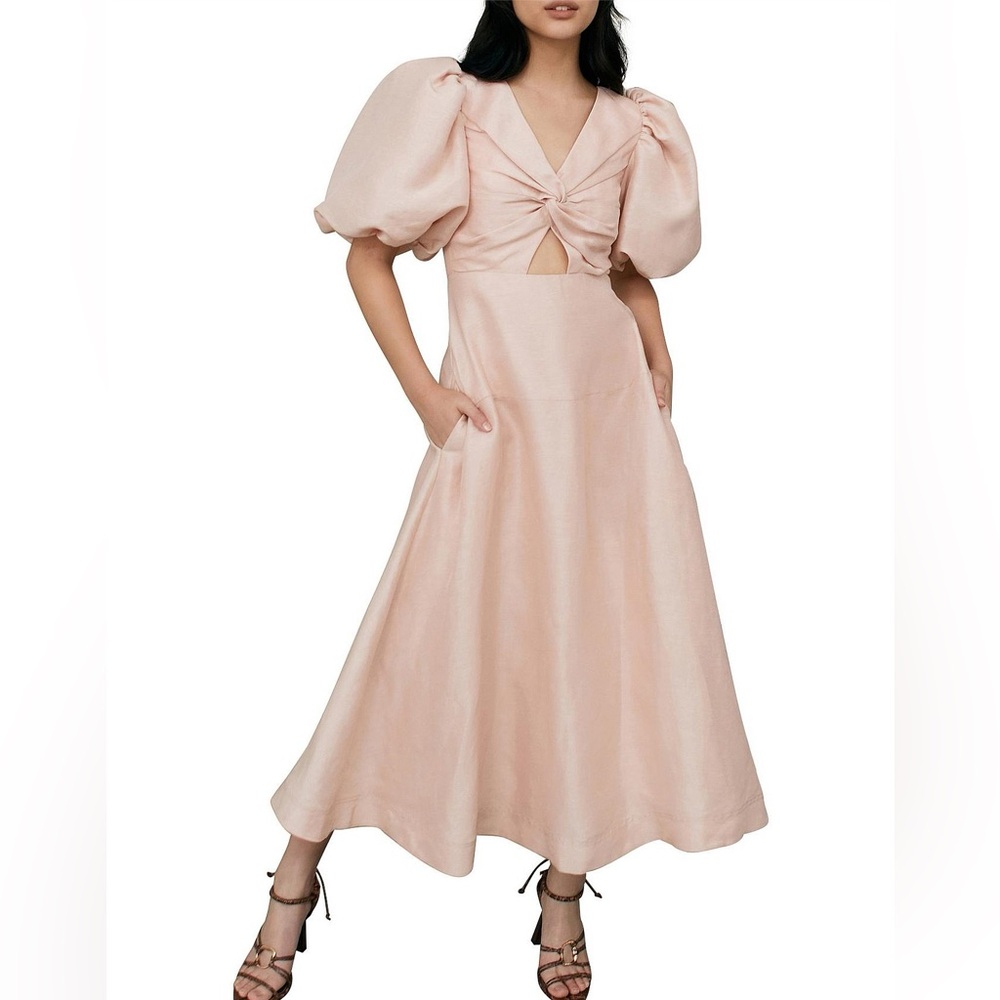 AJE DUSK KNOT PUFF SLEEVE MIDI DRESS BLUSH